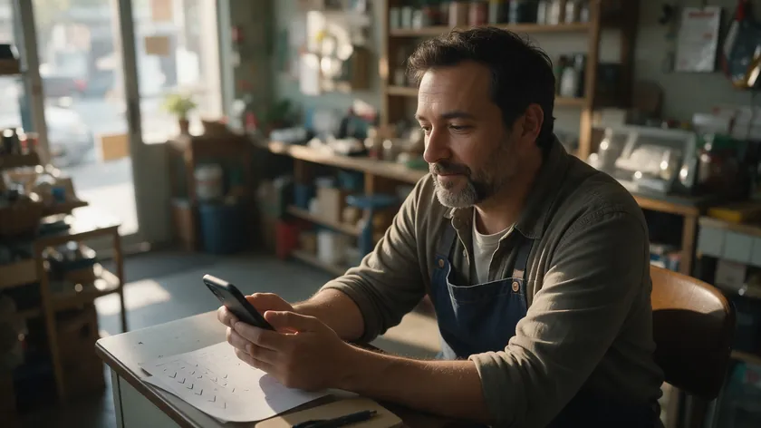Shop owner at a desk with a phone and a notebook, preparing to switch to WhatsApp Business