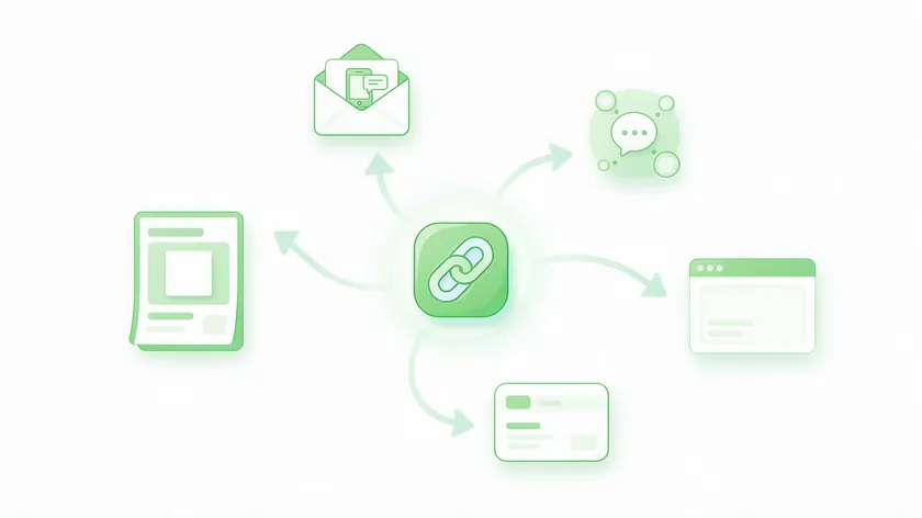 Email, social, website and print icons pointing to one WhatsApp link